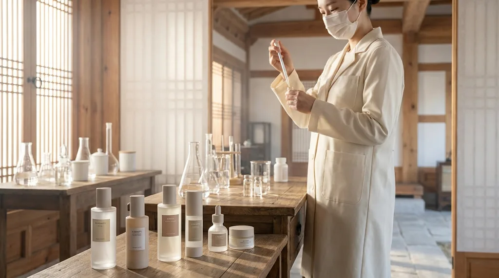 Minimalist laboratory meets traditional Korean hanok architecture soft morning light filtering through rice paper screens