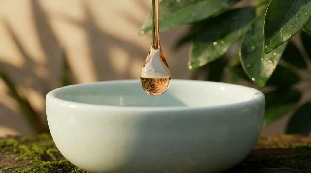Cold weight of a single amber-translucent serum drop suspended one centimeter above a celadon bowls rim, its surface tension barely holding, refracting a sliver of pale Korean morning sky inside it One edge of the drop trembling Extreme macro