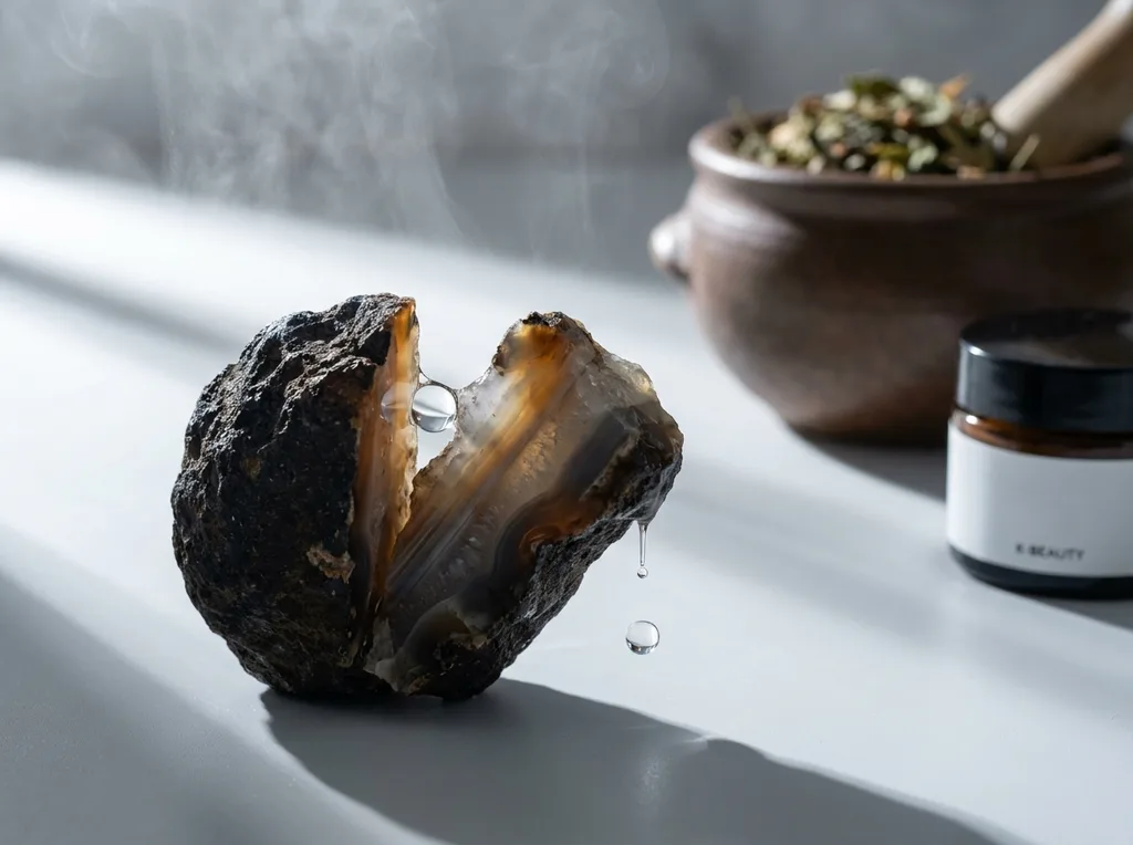 Rough volcanic basalt stone split open, its interior layered in translucent mineral bands amber, grey, pale quartz each layer catching refracted light from a single source to the left The split edge still holds one droplet of water, not yet fallen Eye level, almost touching the stone surface, Korean earthenware mortar holding botanicals