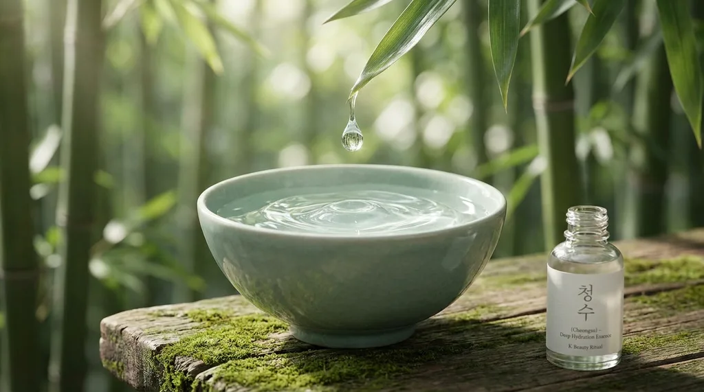 A serene, traditional Korean wabi-sabi setting with a minimalist celadon bowl, invoking deep hydration and timeless beauty
