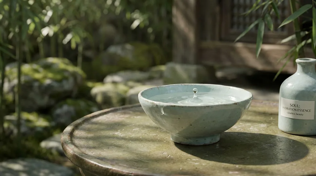 A serene, traditional Korean wabi-sabi setting with a minimalist celadon bowl, invoking deep hydration and timeless beauty