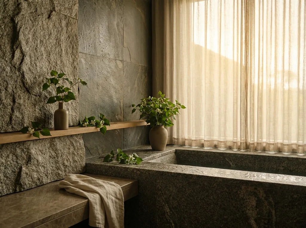 A serene, zen-like spa environment with natural stone textures, water droplets, and fresh botanical sprigs of Houttuynia cordata