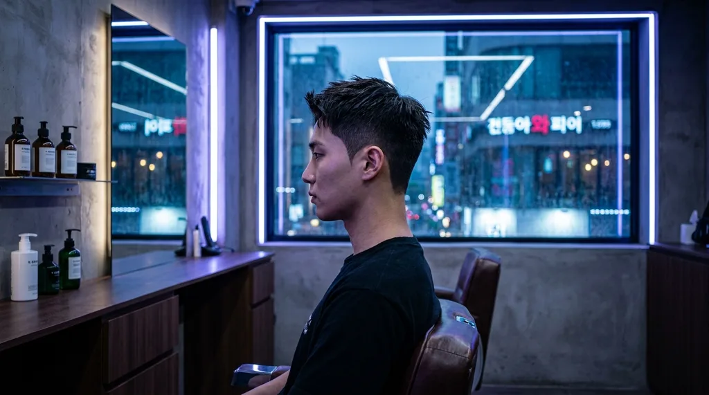 A sleek, minimalist Seoul barber studio at dusk with neon city lights blurred in the background