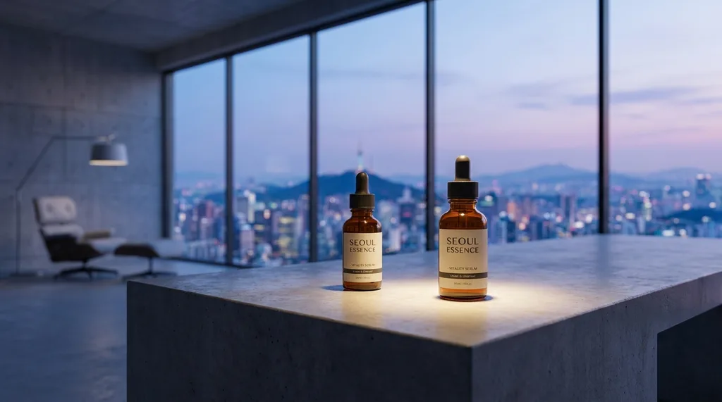 A high-end, brutalist concrete office desk in Seoul at dusk, overlooking the city skyline through floor-to-ceiling glass