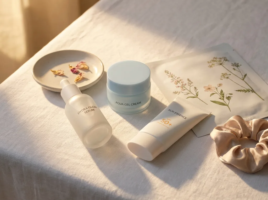 A curated flat-lay of lightweight, hydrating K-Beauty essentials arranged on a clean, white linen background with soft shadows