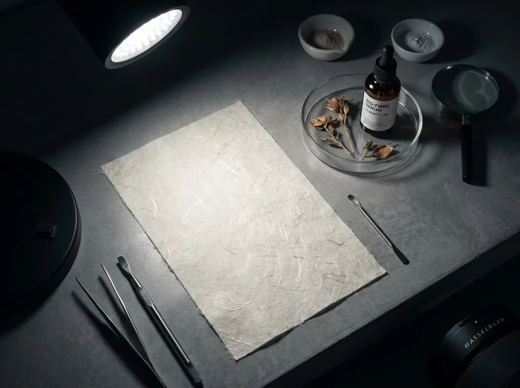 A sterile but organic laboratory environment where traditional hanji paper meets modern scientific observation