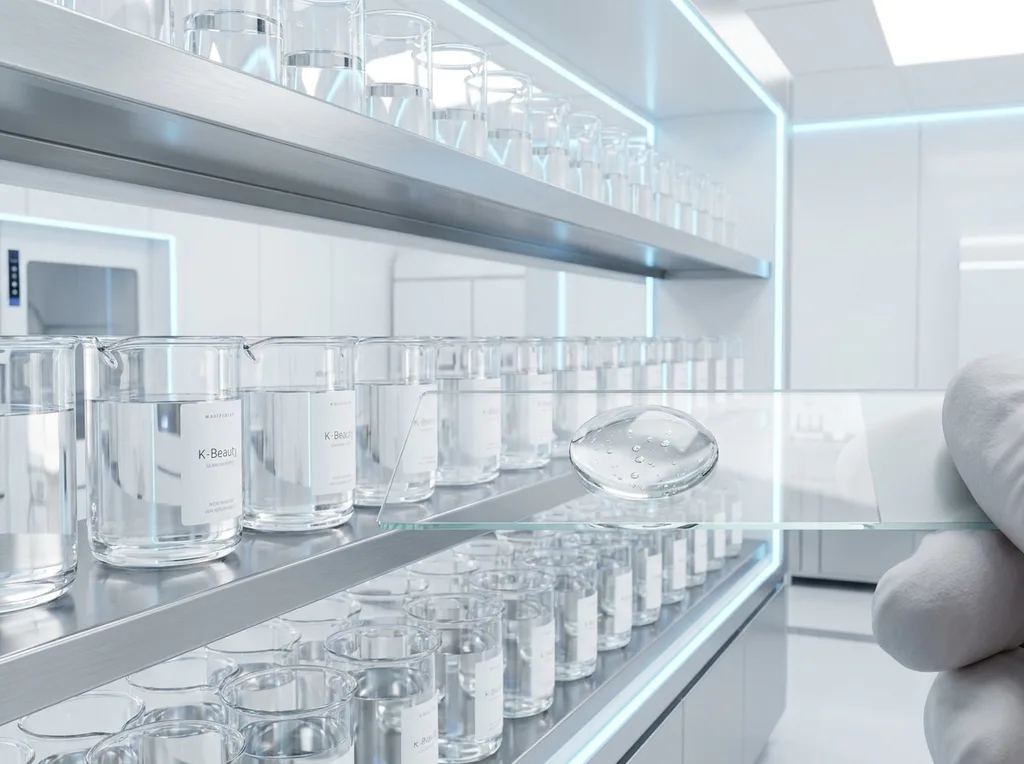 A sterile, high-tech laboratory environment with rows of identical glass beakers, reflecting a clinical and efficient industrial process
