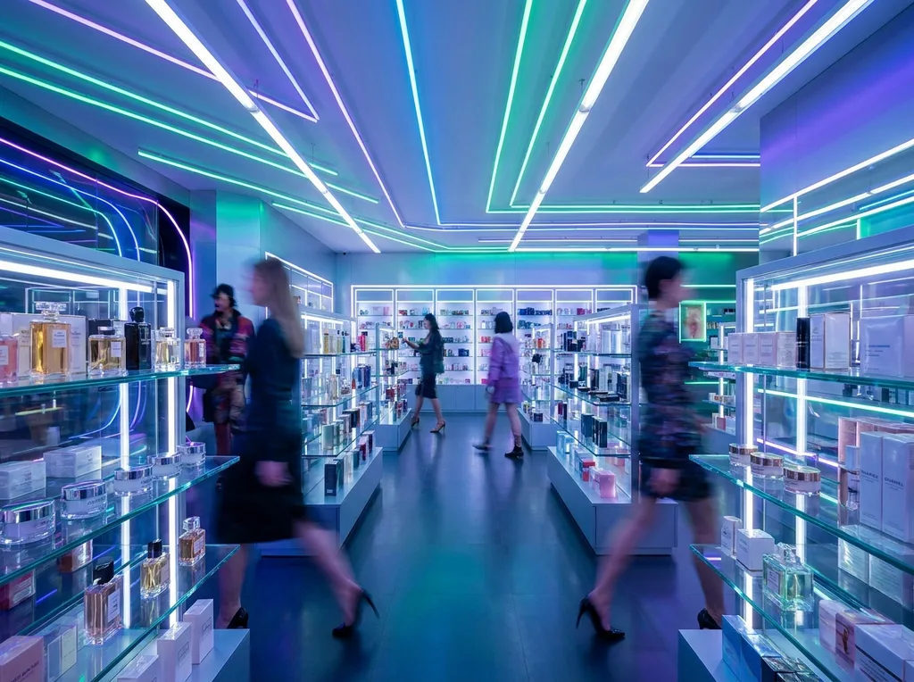 Overwhelming, vibrant, neon-lit retail space with a slight motion blur to emphasize the chaos of choice