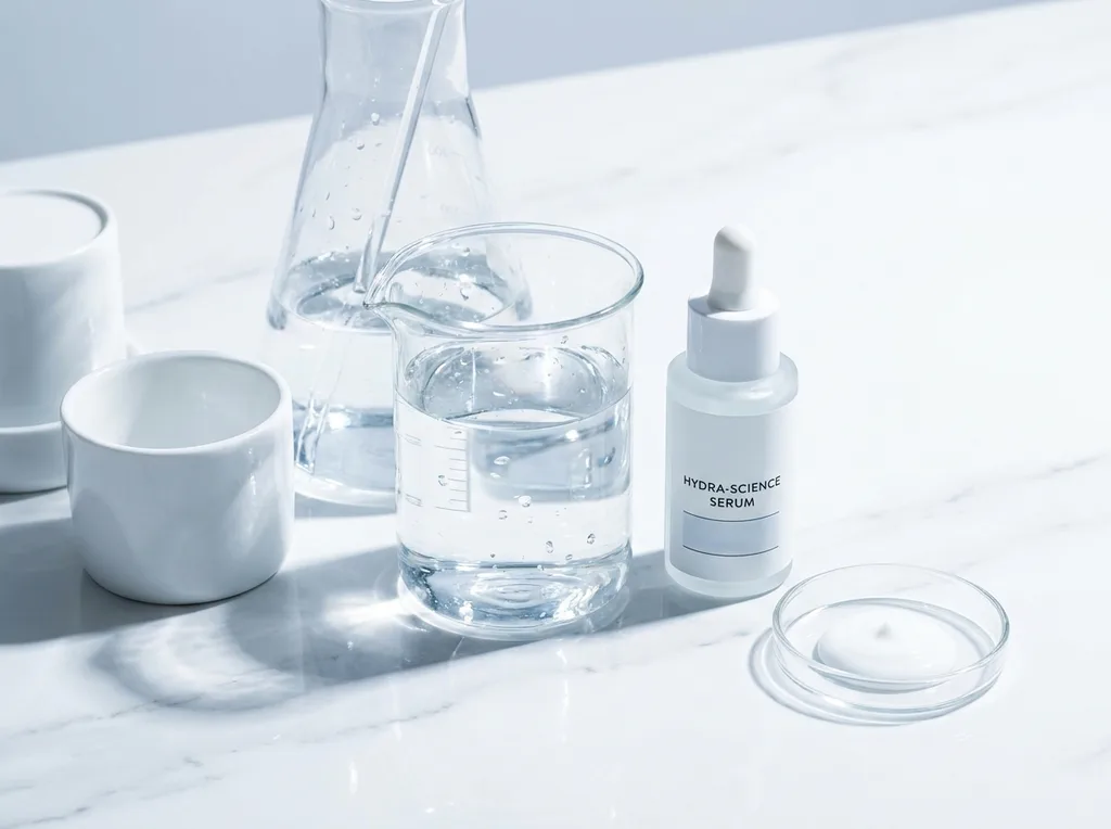A sterile, laboratory-inspired aesthetic with glass beakers and minimalist white surfaces, evoking the precision of a professional salon
