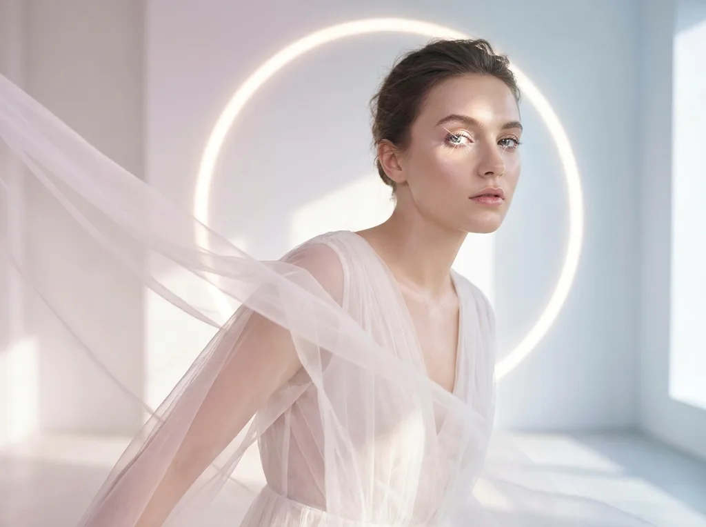 Ethereal, dreamy, high-fashion editorial set with a clean, modern ambiance