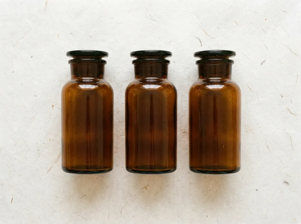 Extreme minimalism no props beyond the bottles and the paper The hanji texture reads as handmade and honest The amber glass is identical across all three, making the visual argument that the container is irrelevant whats inside is what matters