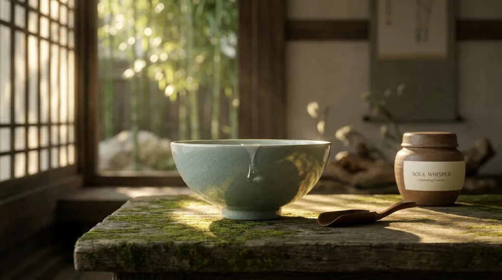 A serene, traditional Korean wabi-sabi setting with a minimalist celadon bowl, invoking deep hydration and timeless beauty
