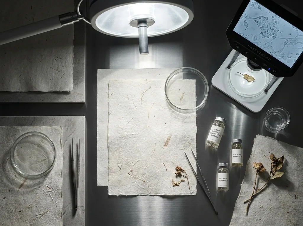 A sterile but organic laboratory environment where traditional hanji paper meets modern scientific observation