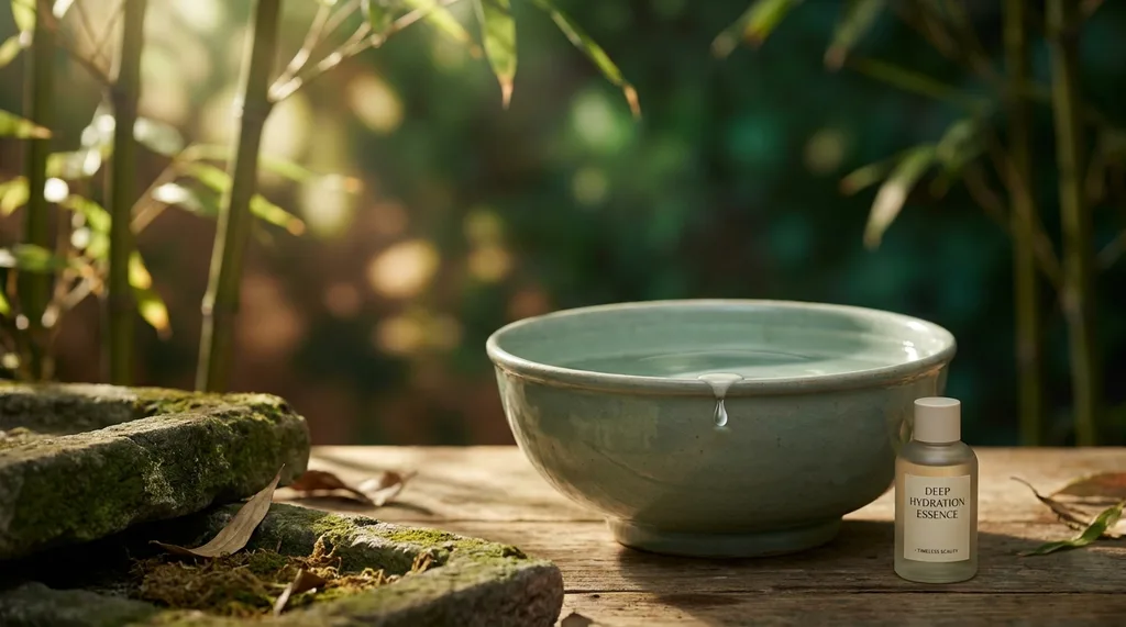 A serene, traditional Korean wabi-sabi setting with a minimalist celadon bowl, invoking deep hydration and timeless beauty