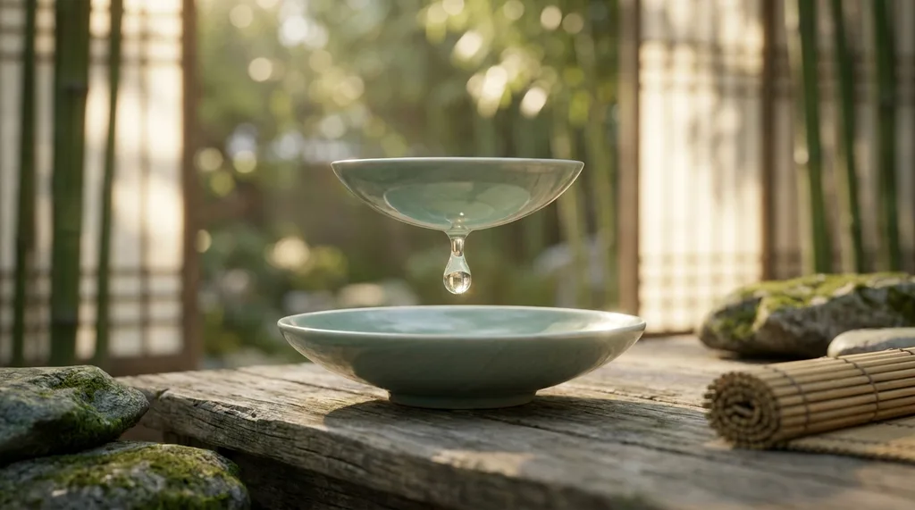 A serene, traditional Korean wabi-sabi setting with a minimalist celadon bowl, invoking deep hydration and timeless beauty
