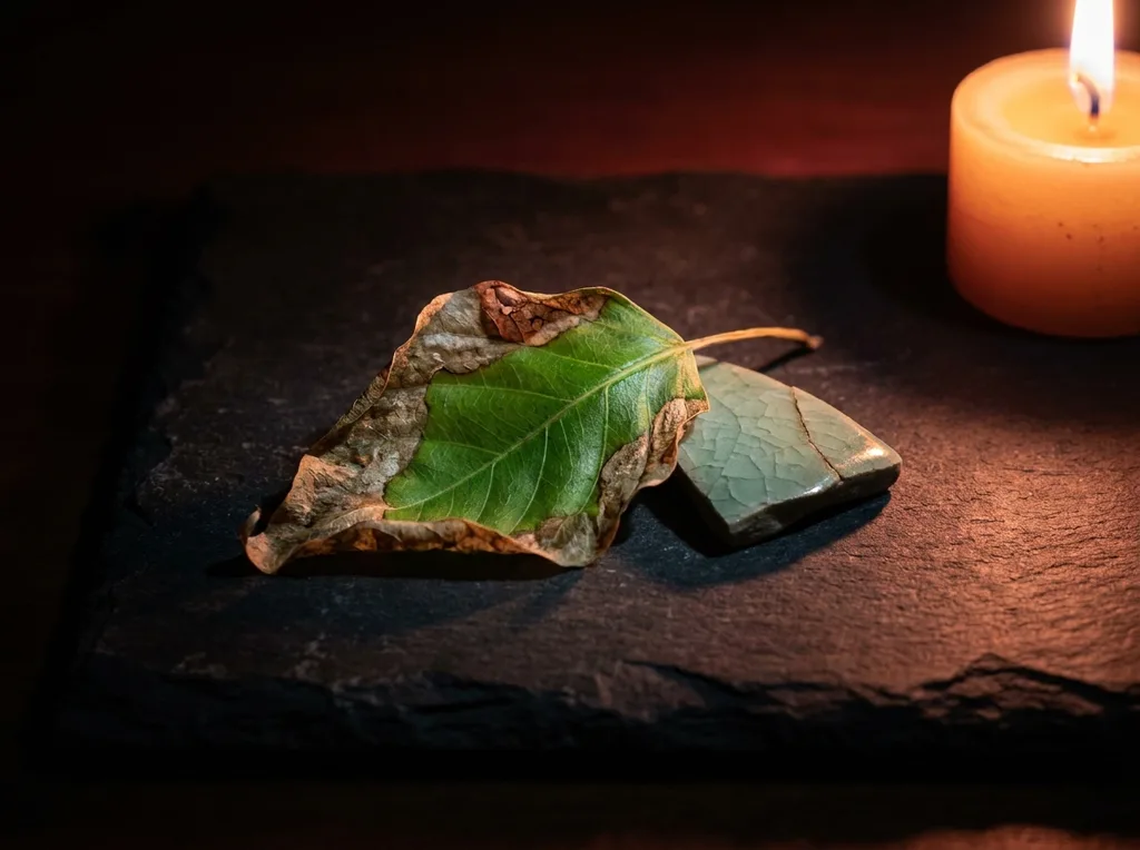 Amber warmth radiating from a stone surface A single green leaf rests at the center its interior lush and intact, its outermost edges translucent with damage, the boundary between health and erosion visible in the same frame Candlelight source off-frame right Eye level, single cracked celadon shard on dark slate