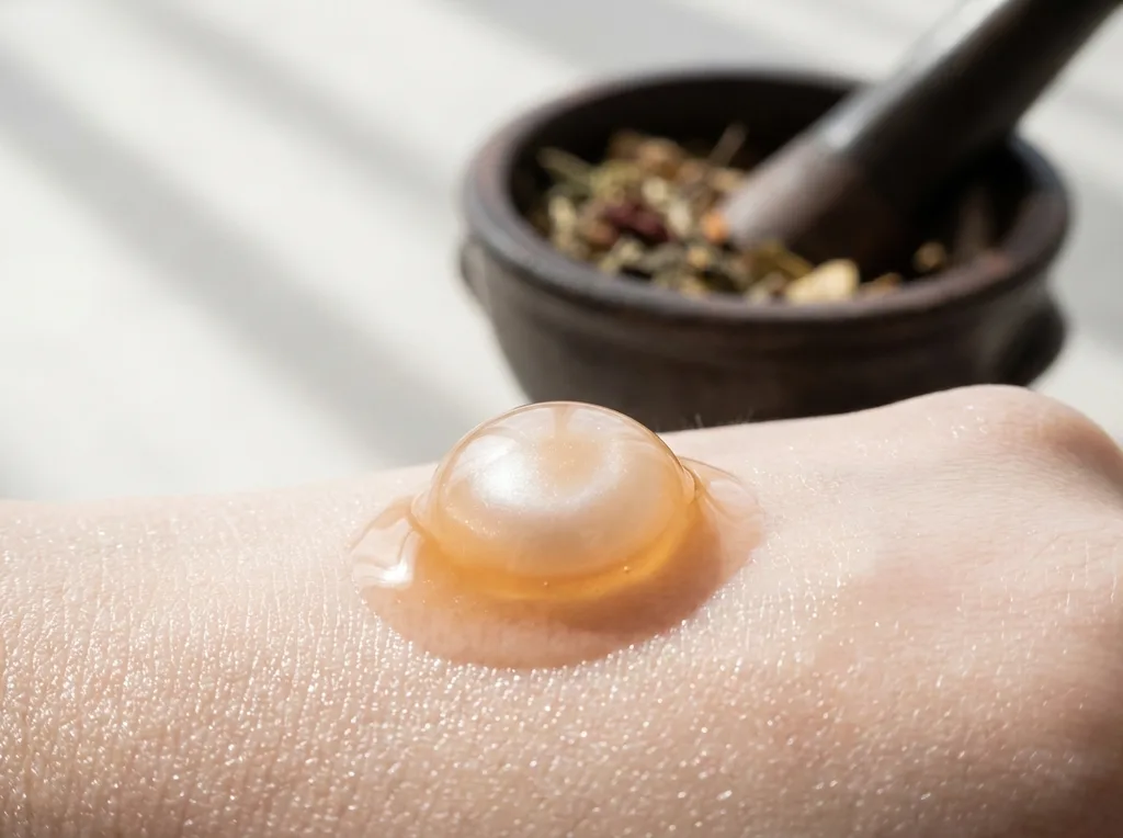 Amber warmth of a single translucent serum droplet against pale skin, the surface just beginning to pull the drop inward edges blurring into skin while the center still holds its dome shape, neither absorbed nor separate Extreme macro, Korean earthenware mortar holding botanicals