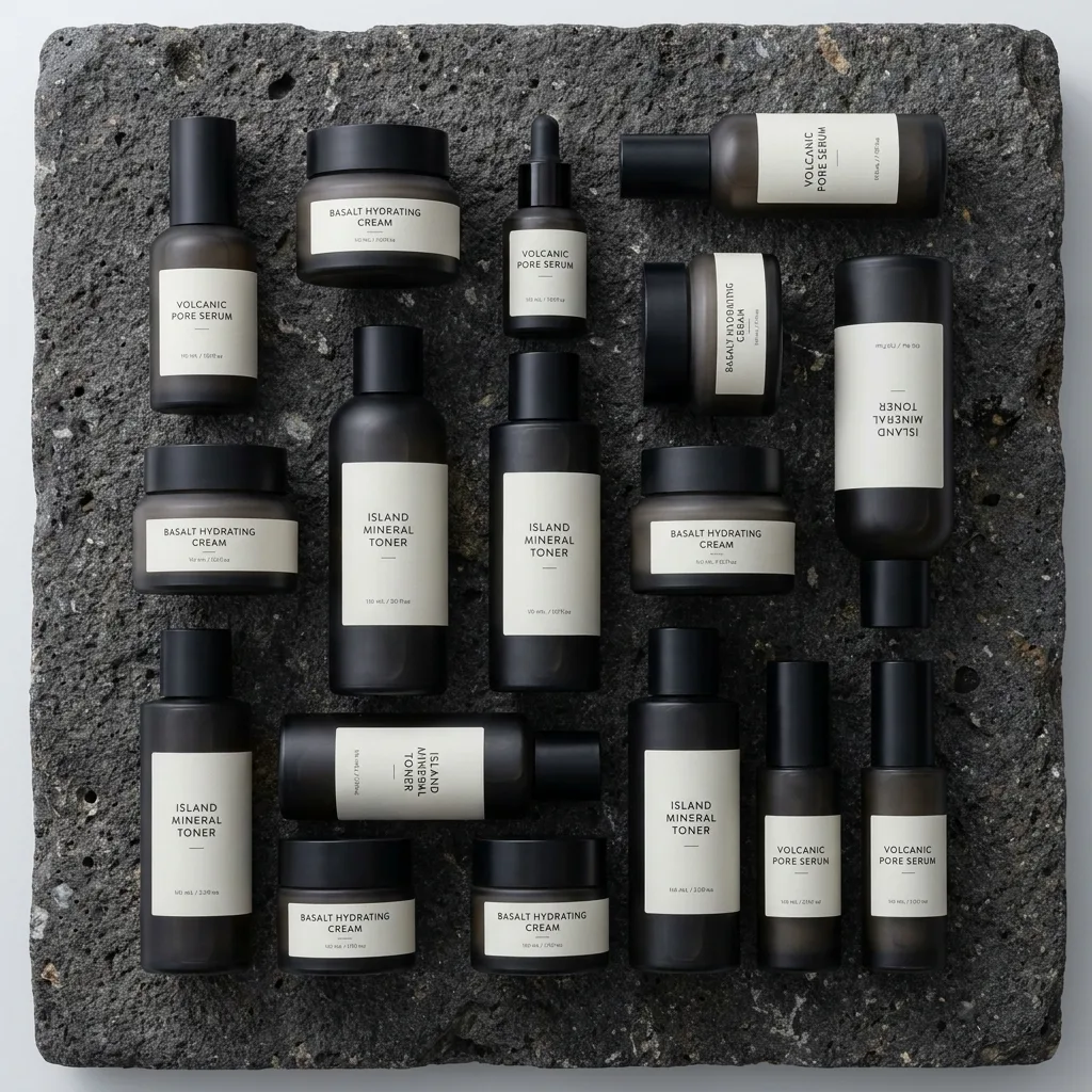 Clean, high-contrast, almost scientific in its arrangement but the Jeju basalt surface gives it geological weight, as if these products emerged from the same island earth No branding visible The arrangement suggests a system, not a collection