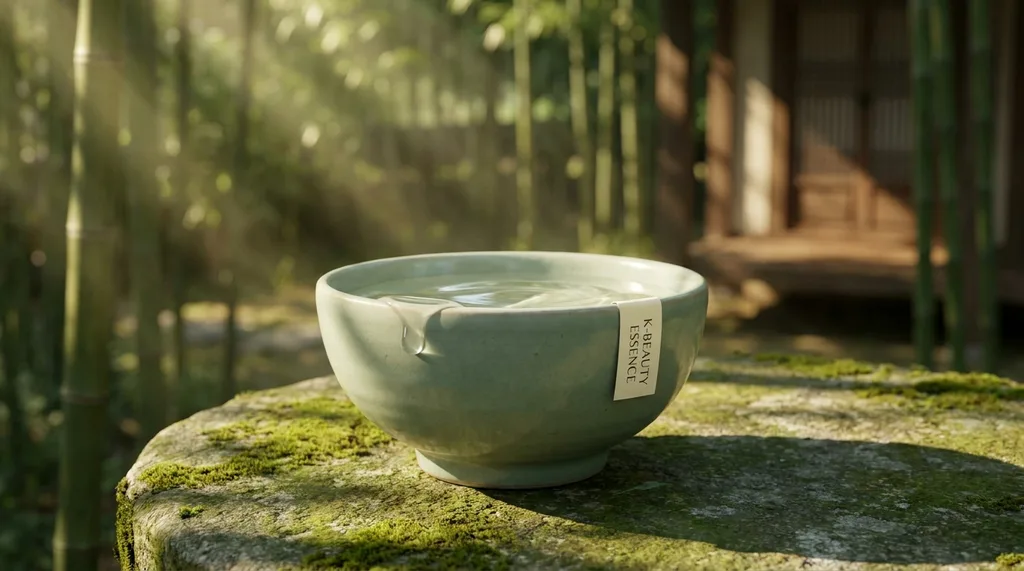 A serene, traditional Korean wabi-sabi setting with a minimalist celadon bowl, invoking deep hydration and timeless beauty