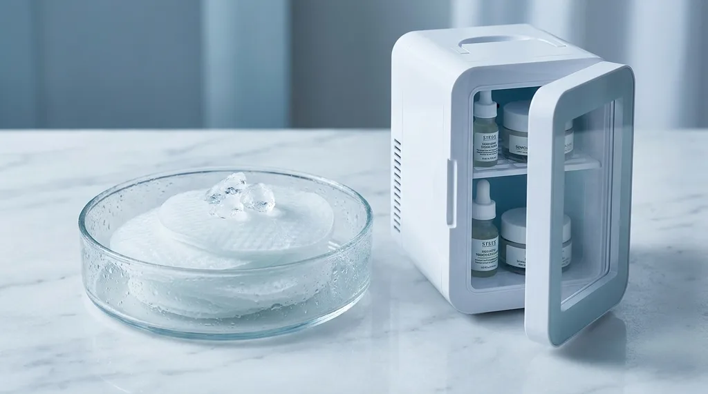 A clinical yet serene aesthetic, featuring chilled, translucent toner pads resting on a glass dish beside a small, elegant skincare refrigerator