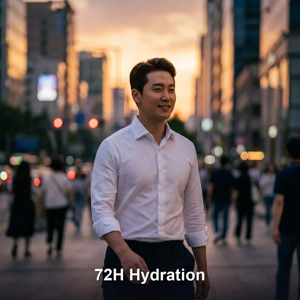 A modern, urban lifestyle shot of a man in a crisp white shirt walking through a vibrant, blurred Gangnam street