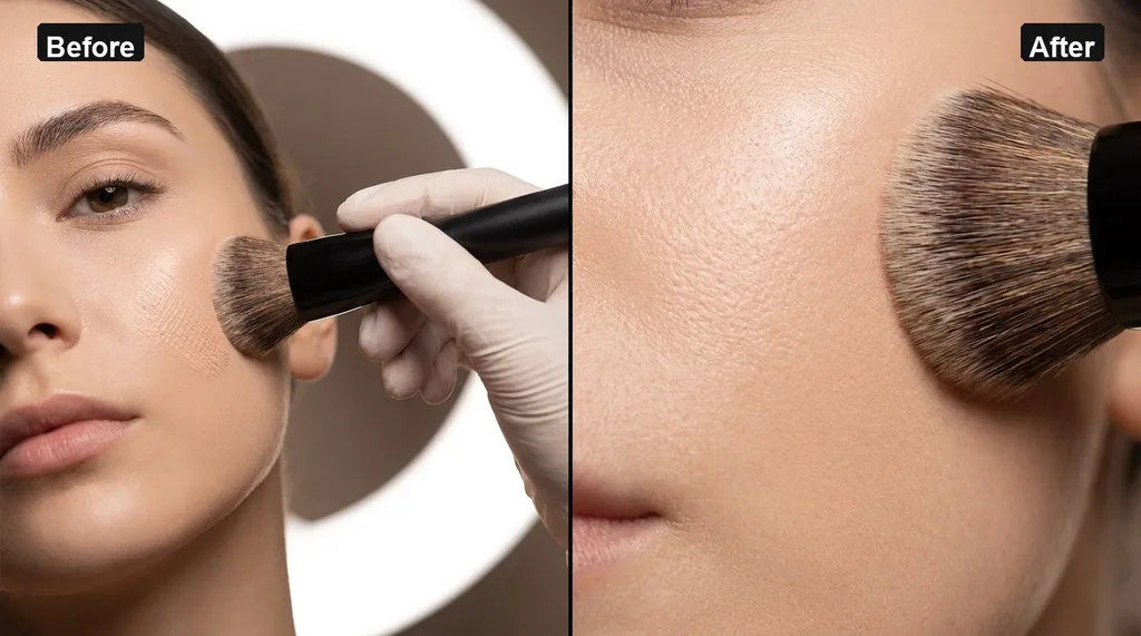 A split-screen composition showing a professional artists hand using a dense brush in a precise cross-hatch motion on a models cheek