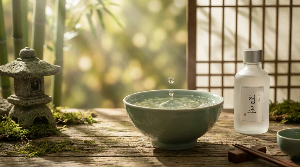 A serene, traditional Korean wabi-sabi setting with a minimalist celadon bowl, invoking deep hydration and timeless beauty