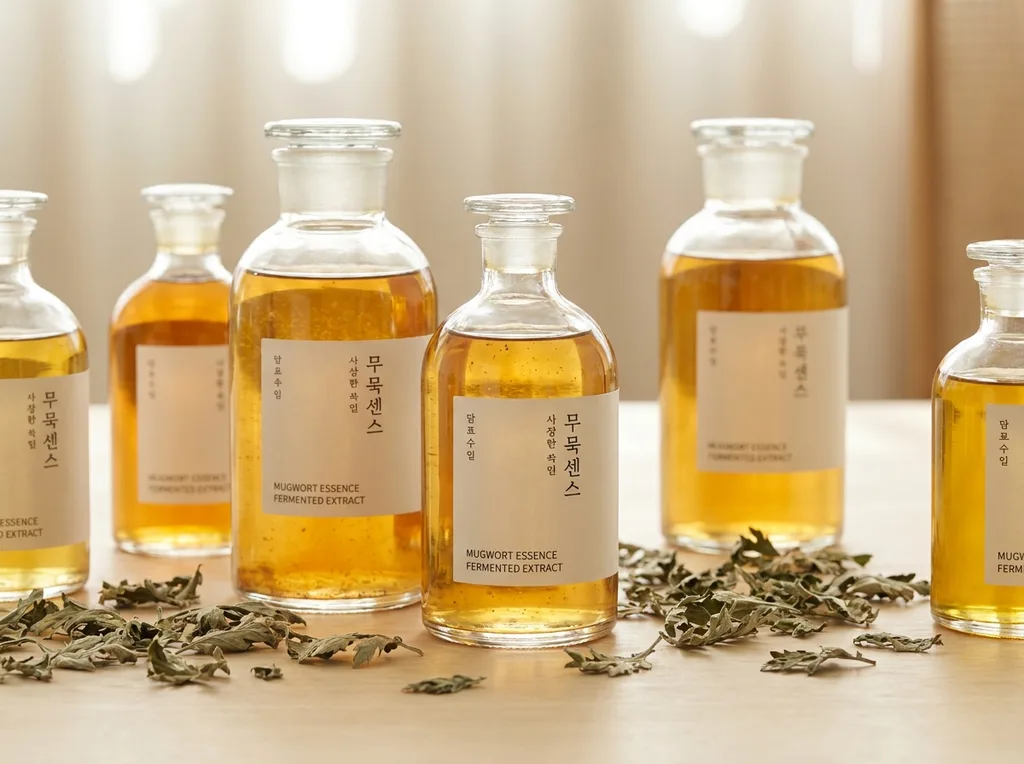 Clean, sterile, yet organic amber-colored liquids in glass vessels surrounded by raw, dried mugwort leaves