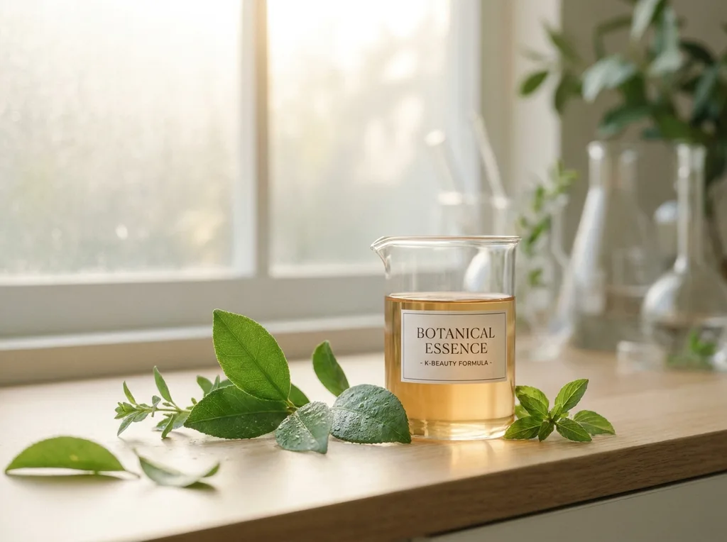 A serene, botanical laboratory setting with fresh green leaves resting next to a glass beaker of serum