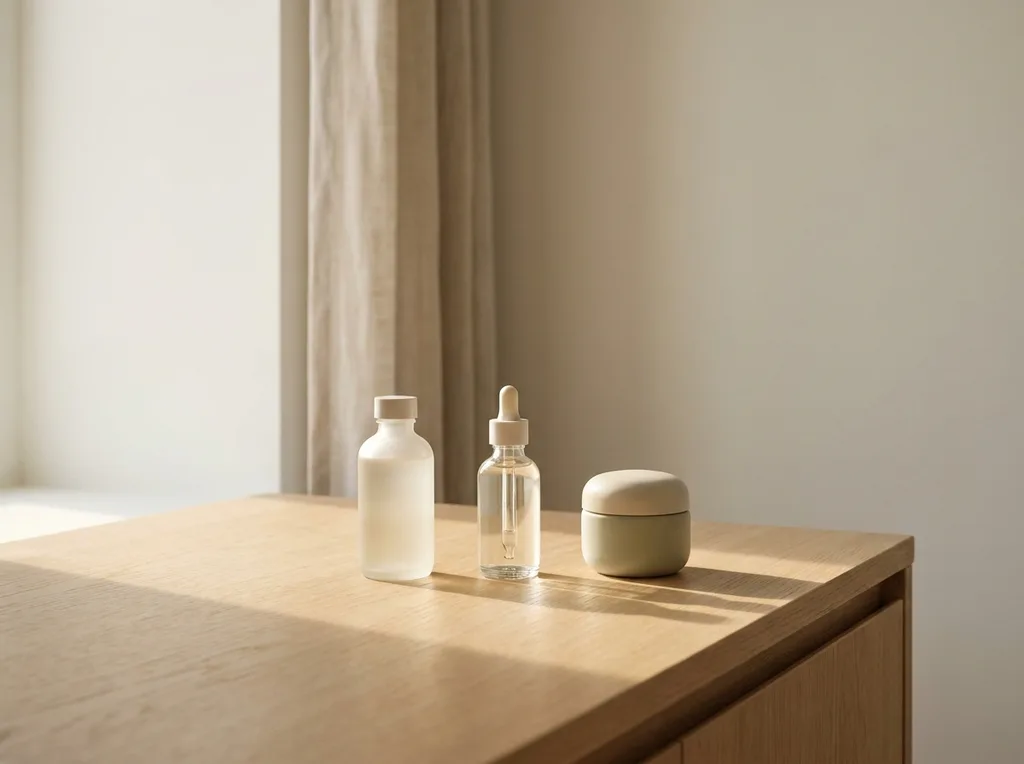A serene, uncluttered vanity featuring only three essential productsa cleanser, an essence, and a moisturizerarranged with intentional, zen-like precision
