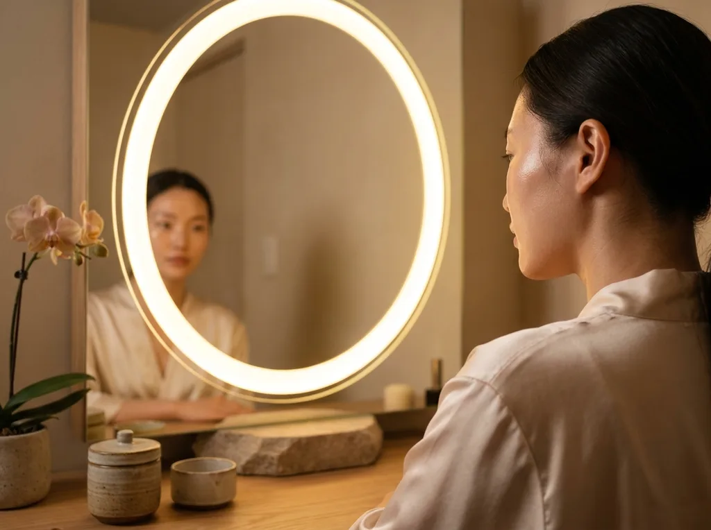 Serene backstage dressing room in Gangnam, minimalist vanity mirror with warm ring lighting and bare skin glowing with moisture