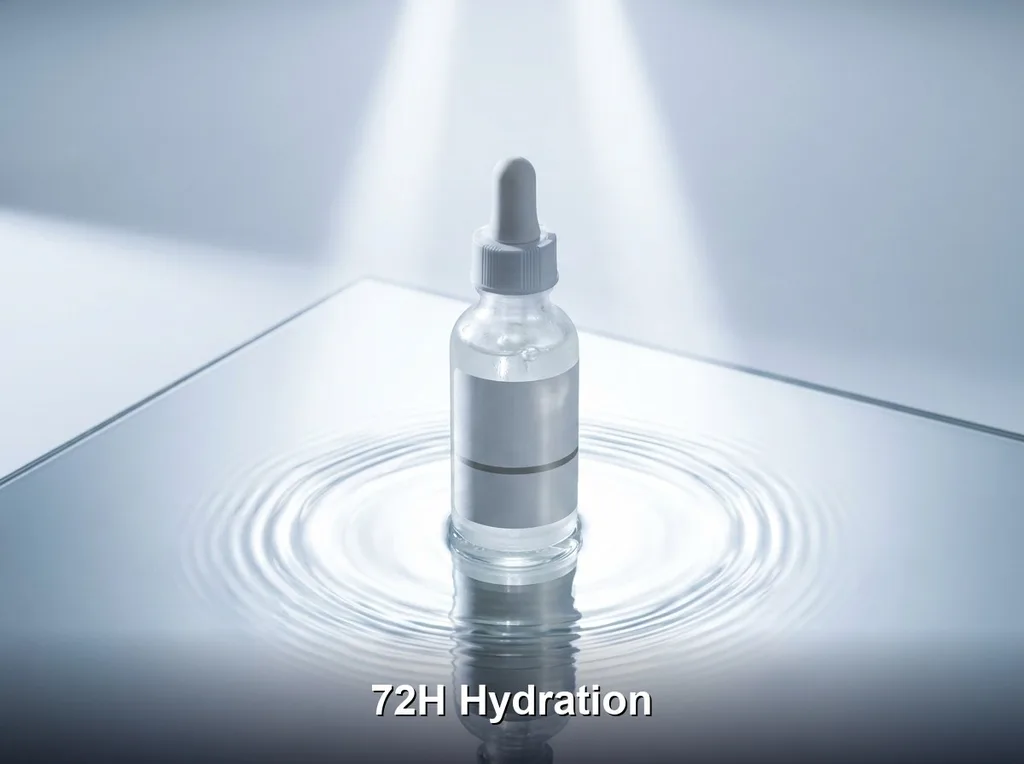 Clinical yet luxurious, featuring a glass dropper bottle resting on a reflective surface surrounded by subtle water ripples