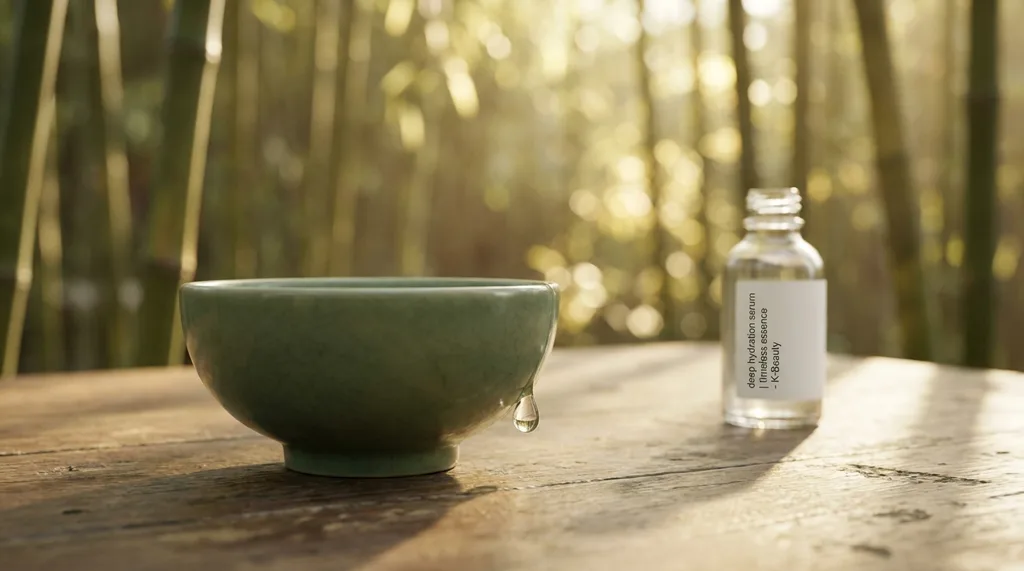 A serene, traditional Korean wabi-sabi setting with a minimalist celadon bowl, invoking deep hydration and timeless beauty