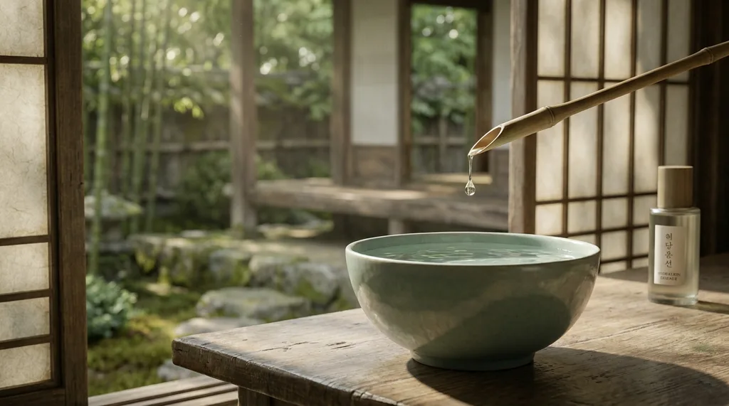 A serene, traditional Korean wabi-sabi setting with a minimalist celadon bowl, invoking deep hydration and timeless beauty