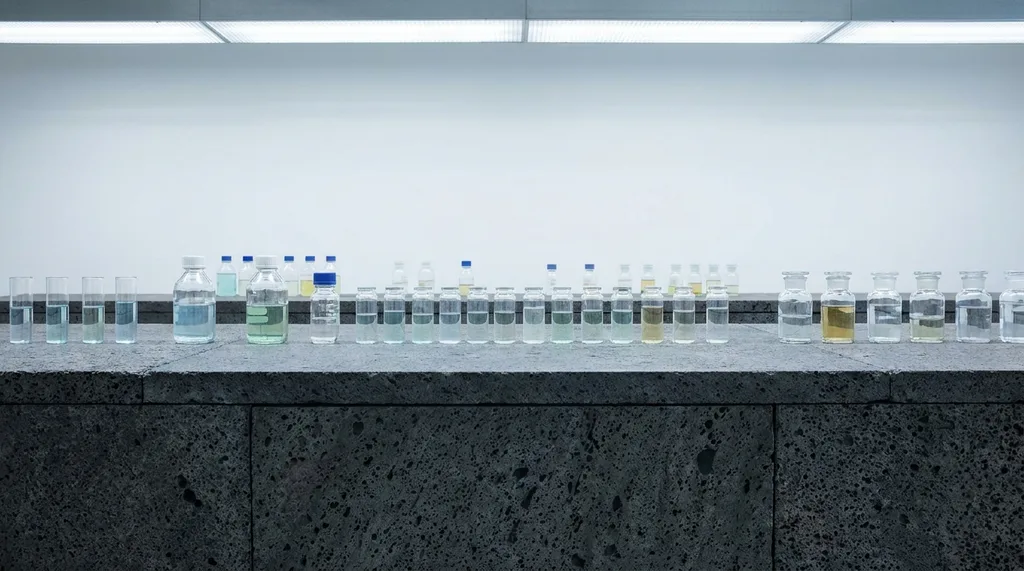 A stark, minimalist Korean laboratory counter the basalt surface volcanic and ancient, the bottles clinical and modern The tension between the organic stone and the manufactured glass is the articles central tension made physical