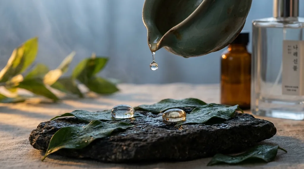 Cold weight of two glass droplets side by side on rough volcanic basalt, their surfaces trembling with identical surface tension one from a plain amber pharmacy vial, one from a heavy luxury bottle tilted just past its balance point Slightly above, angled down, aged celadon ceramic vessel