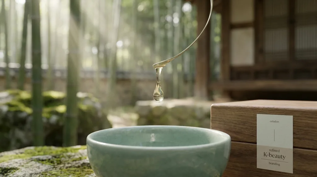 A serene, traditional Korean wabi-sabi setting with a minimalist celadon bowl, invoking deep hydration and timeless beauty