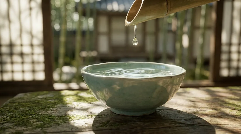A serene, traditional Korean wabi-sabi setting with a minimalist celadon bowl, invoking deep hydration and timeless beauty