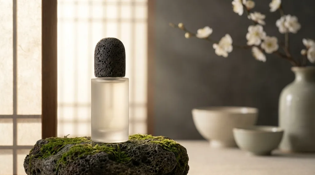 A serene, traditional Korean luxury aesthetic blending natural volcanic textures with modern cosmetic elegance