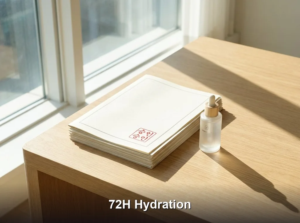 A sleek, modern desk setup featuring a stack of official clinical trial papers stamped with Approved in Korean calligraphy, next to a single, high-end serum bottle