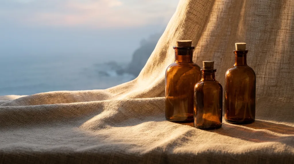 Three amber glass bottles arranged on raw, unbleached linen Warm, golden light filters through the fabric, casting soft shadows Close-up, shallow depth of field, cinematic lighting, mist over East Sea coastal cliff