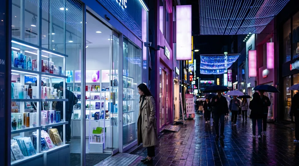 Late night in Myeongdong, vibrant neon signage reflecting off sleek glass display cases filled with glowing K-Beauty products