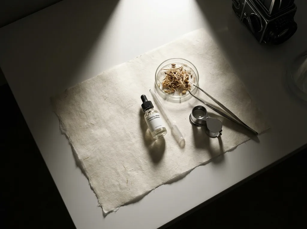 A sterile but organic laboratory environment where traditional hanji paper meets modern scientific observation