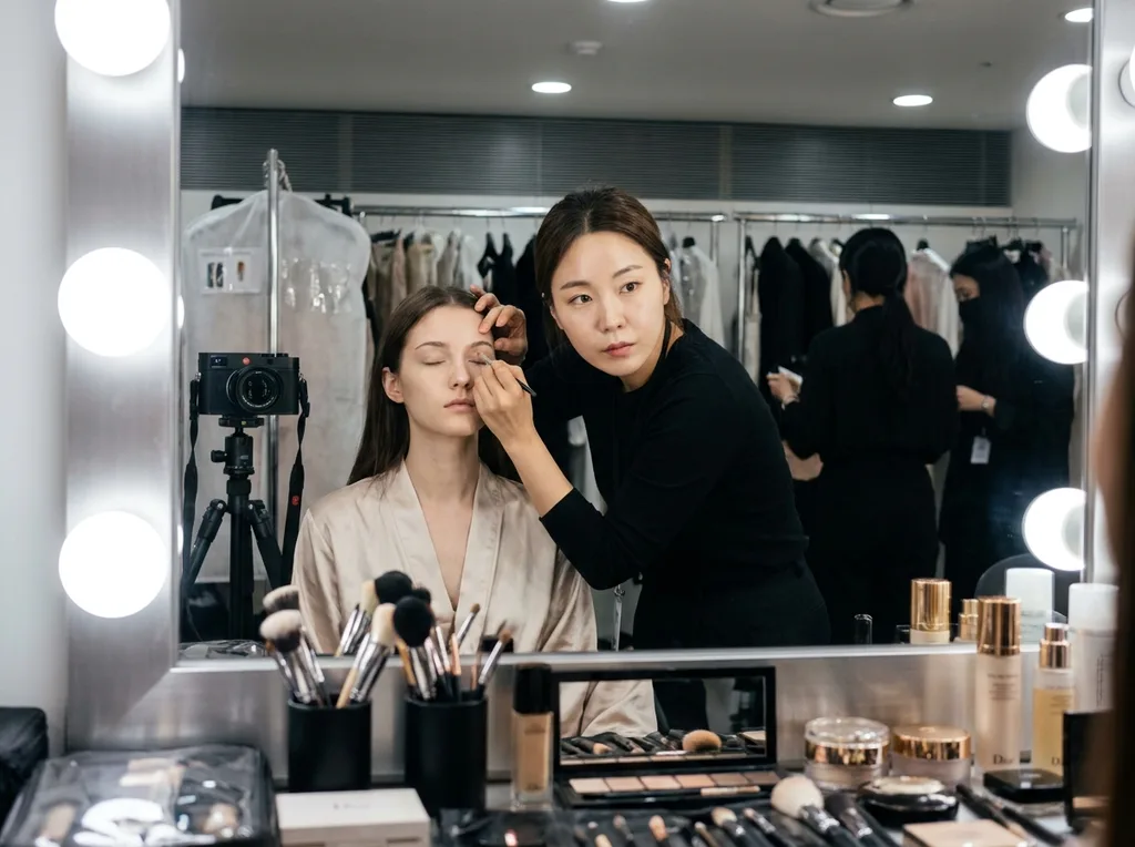 Focused, meticulous backstage dressing room during Seoul Fashion Week