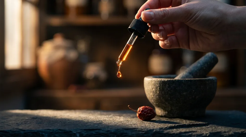 A spare, early-morning Korean apothecary setting bare volcanic basalt surface, one dried omija berry beside the mortar, the rest of the frame in deep shadow The focus is entirely on the suspended drop and the hand holding it