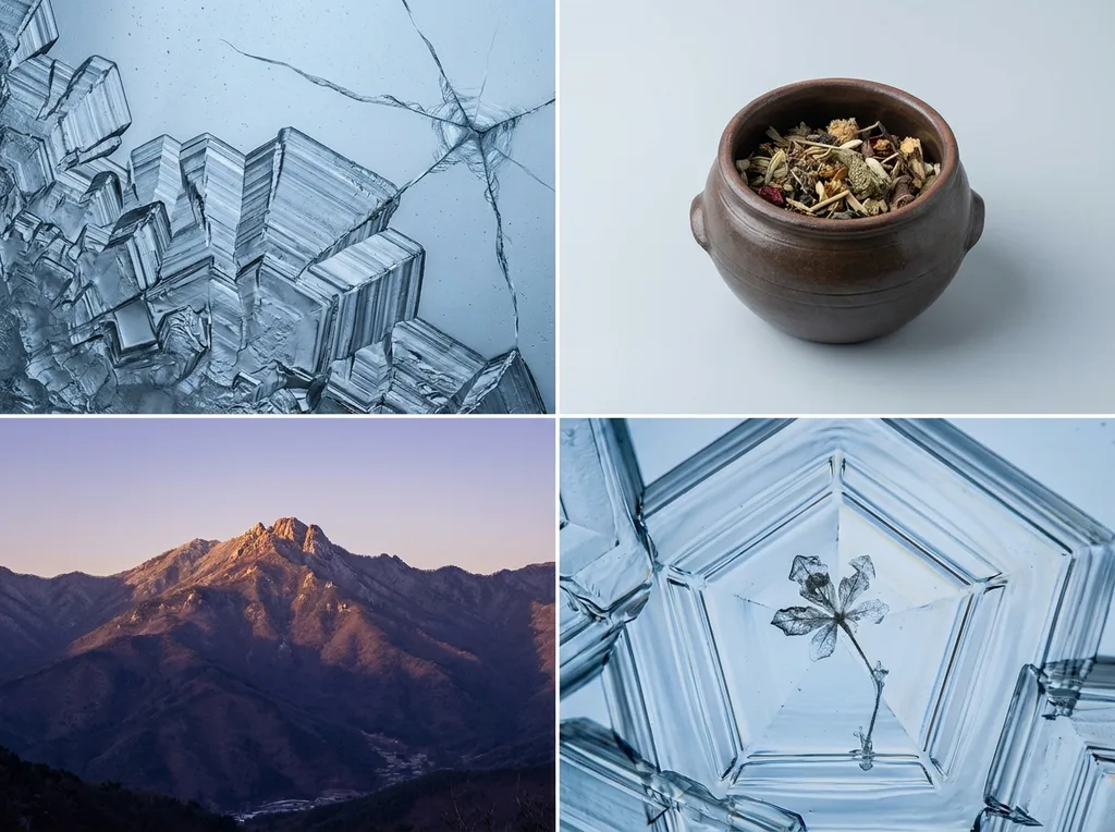 Rough cold texture of interlocking ice crystal geometry pressed close each crystal edge catching ambient grey-blue light, the structure almost architectural At one far corner, a hairline fracture spreads, its edges still sharp Extreme macro, Korean earthenware mortar holding botanicals
