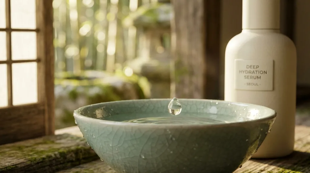 A serene, traditional Korean wabi-sabi setting with a minimalist celadon bowl, invoking deep hydration and timeless beauty