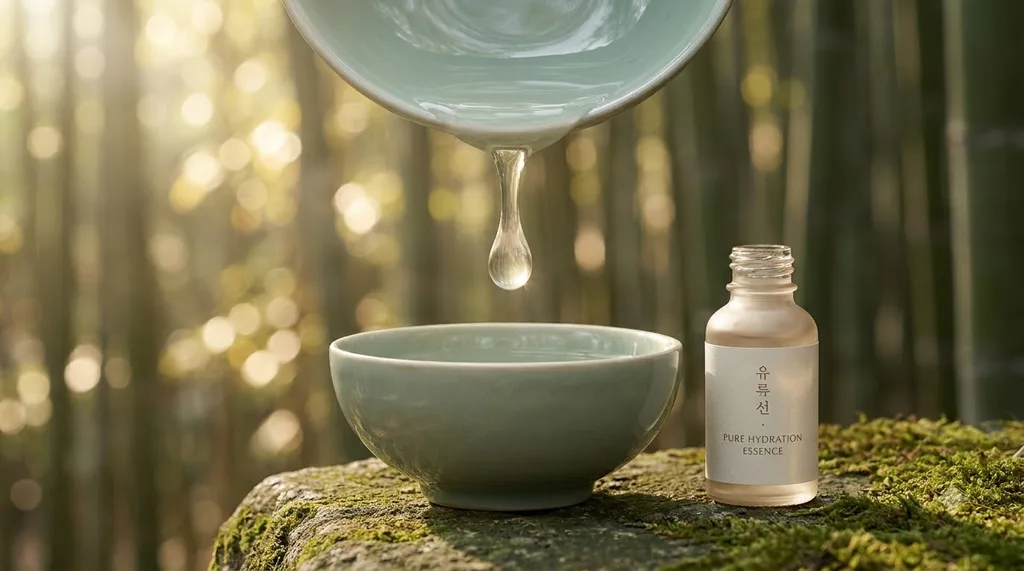 A serene, traditional Korean wabi-sabi setting with a minimalist celadon bowl, invoking deep hydration and timeless beauty