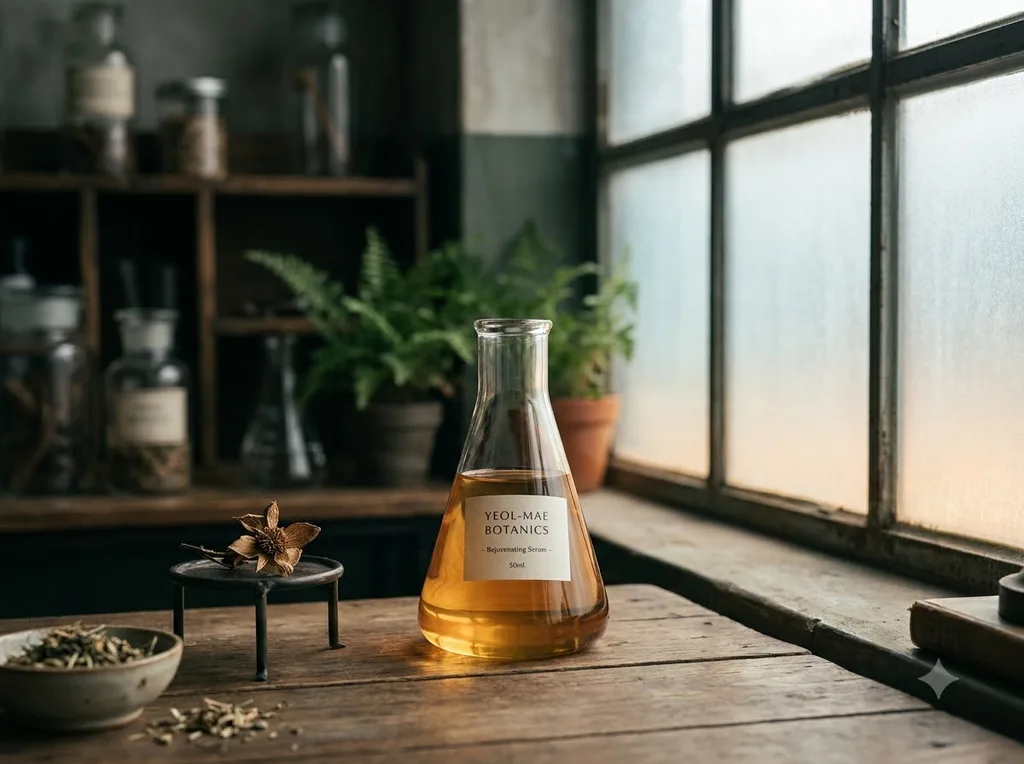 A blend of mid-century industrial science and organic Korean botany, clean but grounded in history