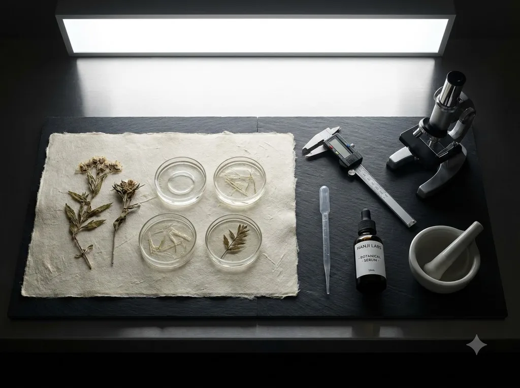 A sterile but organic laboratory environment where traditional hanji paper meets modern scientific observation